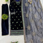 Navy Blue 9000 Velvet Heavy Embroidered Kurti Pant Set with Printed Dupatta | Winter Wedding Party Wear