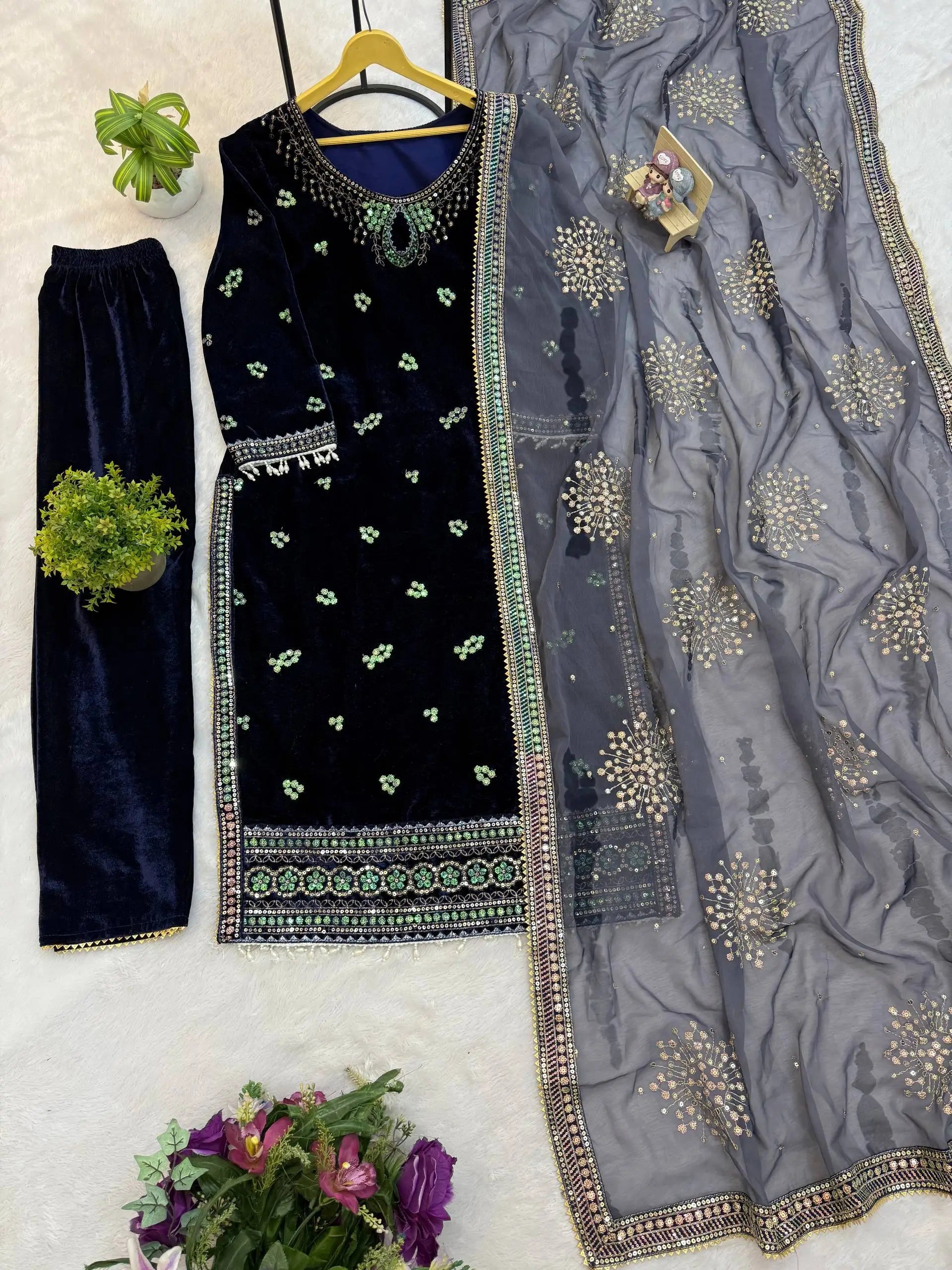 Navy Blue 9000 Velvet Heavy Embroidered Kurti Pant Set with Printed Dupatta | Winter Wedding Party Wear