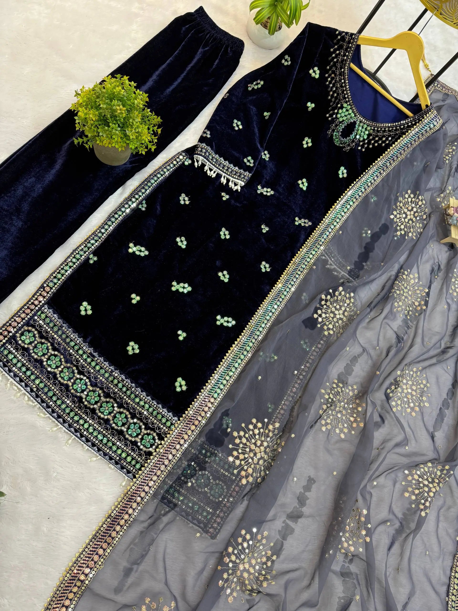 Navy Blue 9000 Velvet Heavy Embroidered Kurti Pant Set with Printed Dupatta | Winter Wedding Party Wear