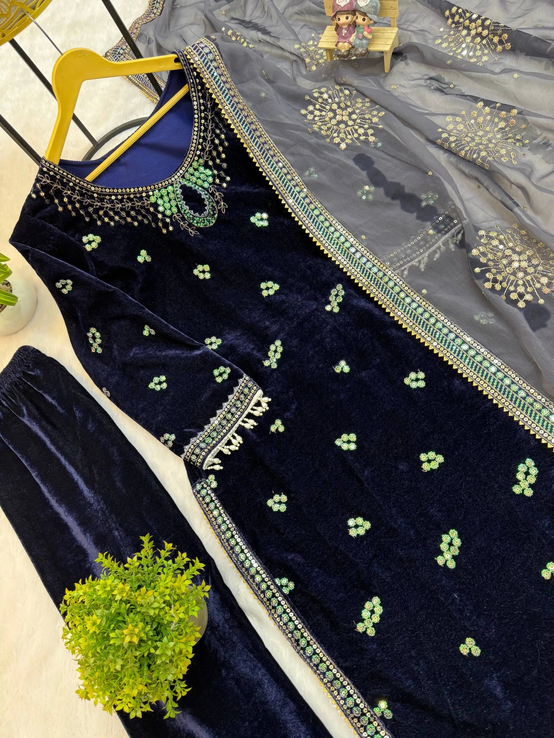 Navy Blue 9000 Velvet Heavy Embroidered Kurti Pant Set with Printed Dupatta | Winter Wedding Party Wear