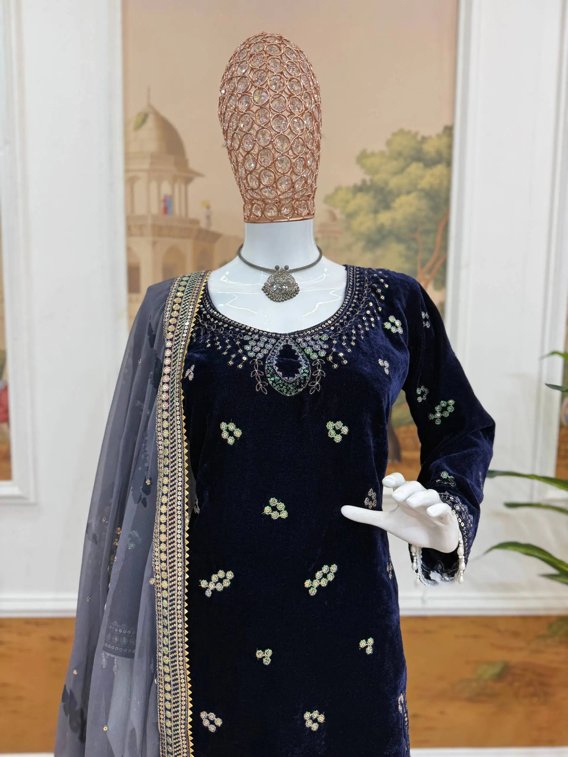 Navy Blue 9000 Velvet Heavy Embroidered Kurti Pant Set with Printed Dupatta | Winter Wedding Party Wear