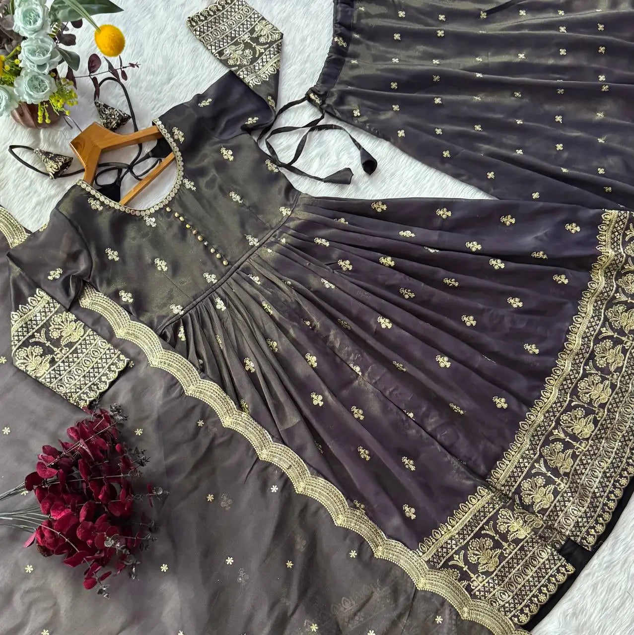 Navy Blue Cosmo Embroidered Anarkali Set with Dupatta and Lehenga