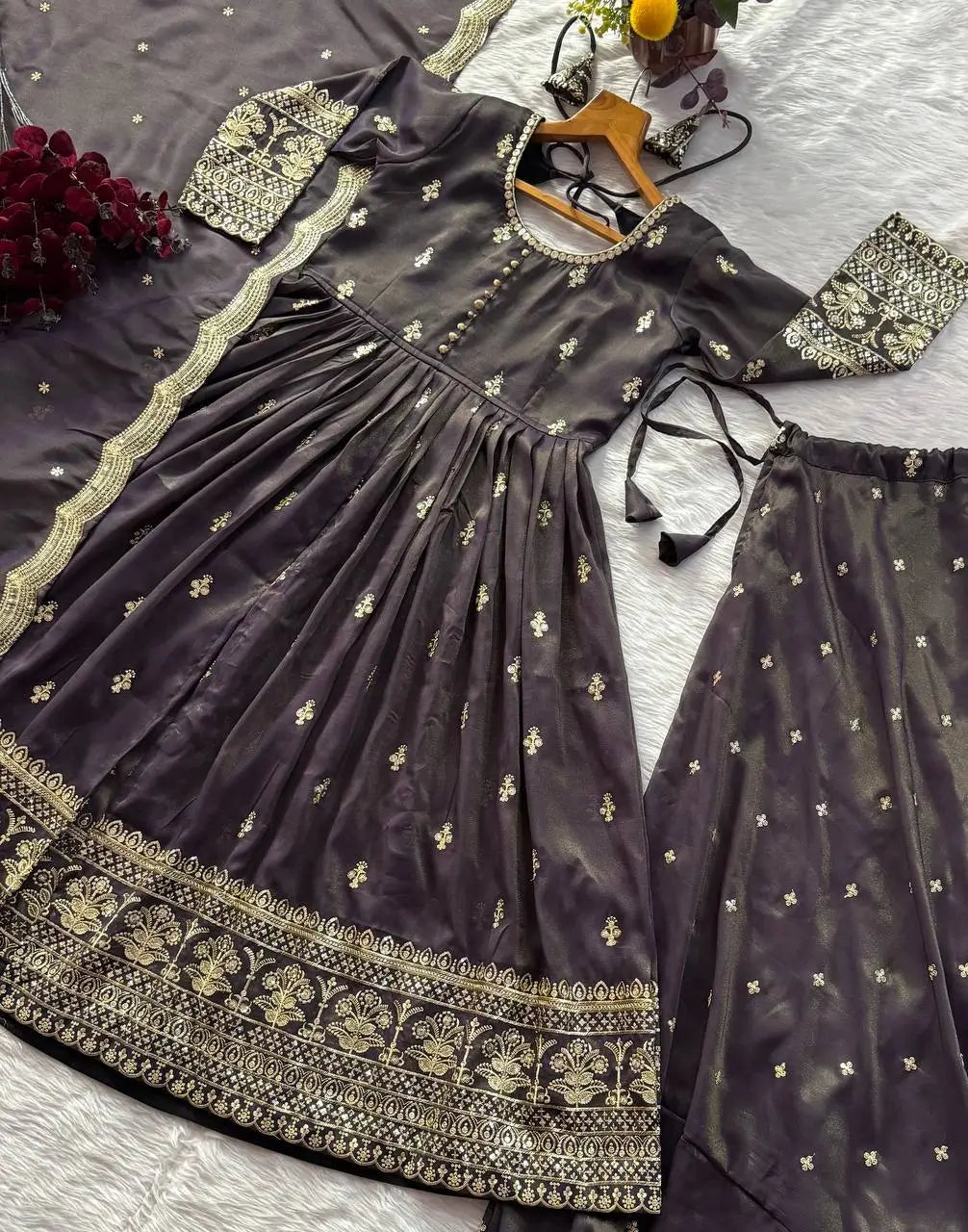 Navy Blue Cosmo Embroidered Anarkali Set with Dupatta and Lehenga