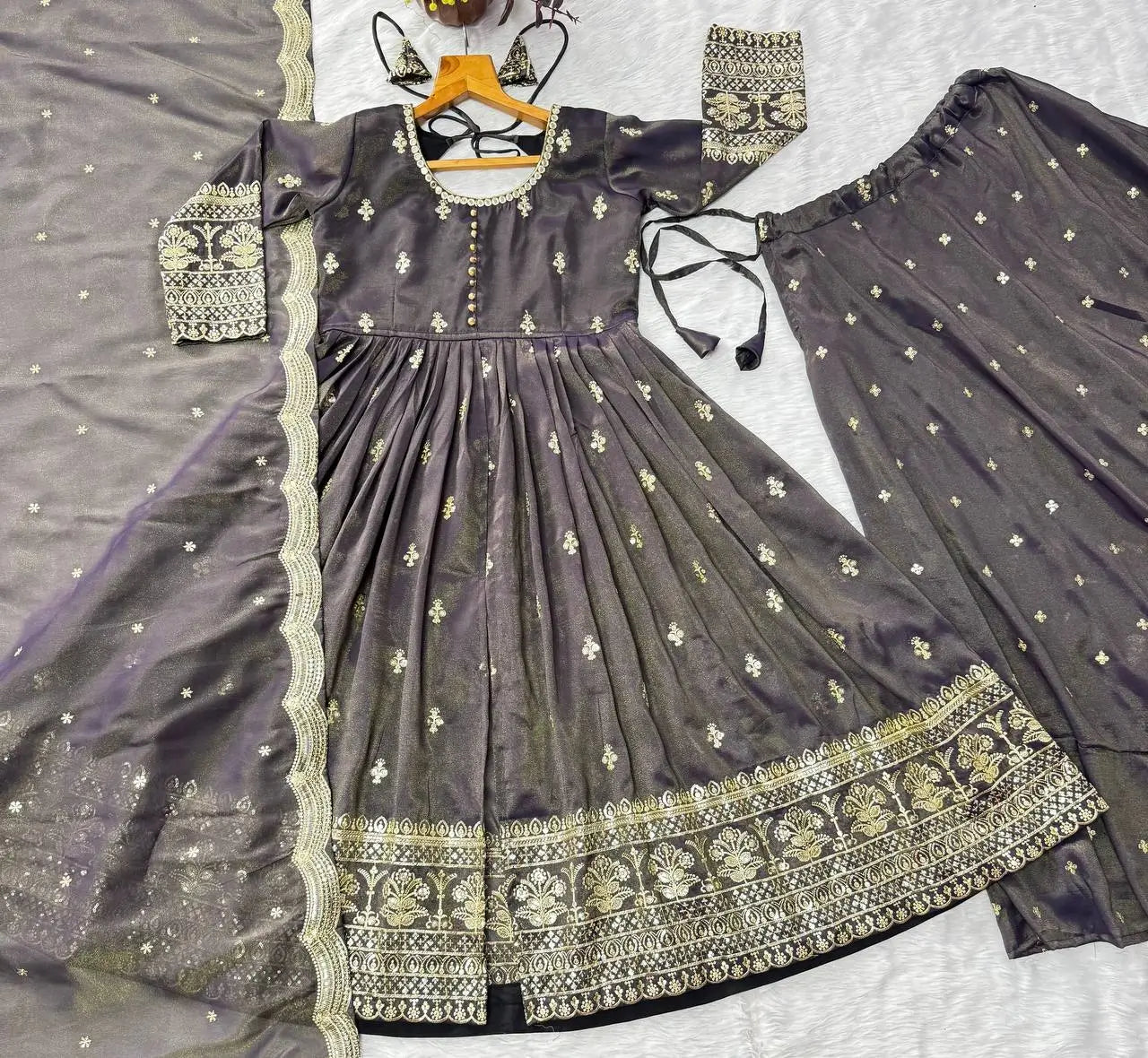 Navy Blue Cosmo Embroidered Anarkali Set with Dupatta and Lehenga