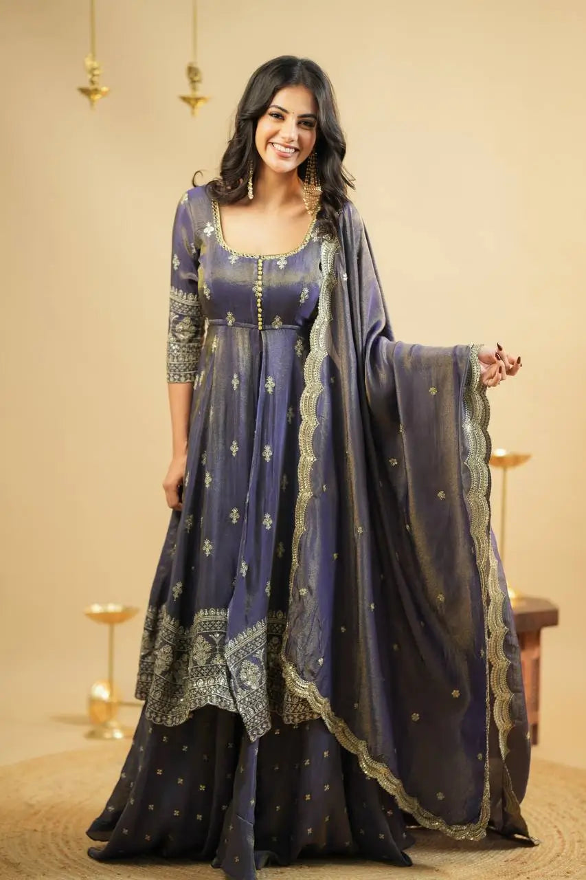 Navy Blue Cosmo Embroidered Anarkali Set with Dupatta and Lehenga