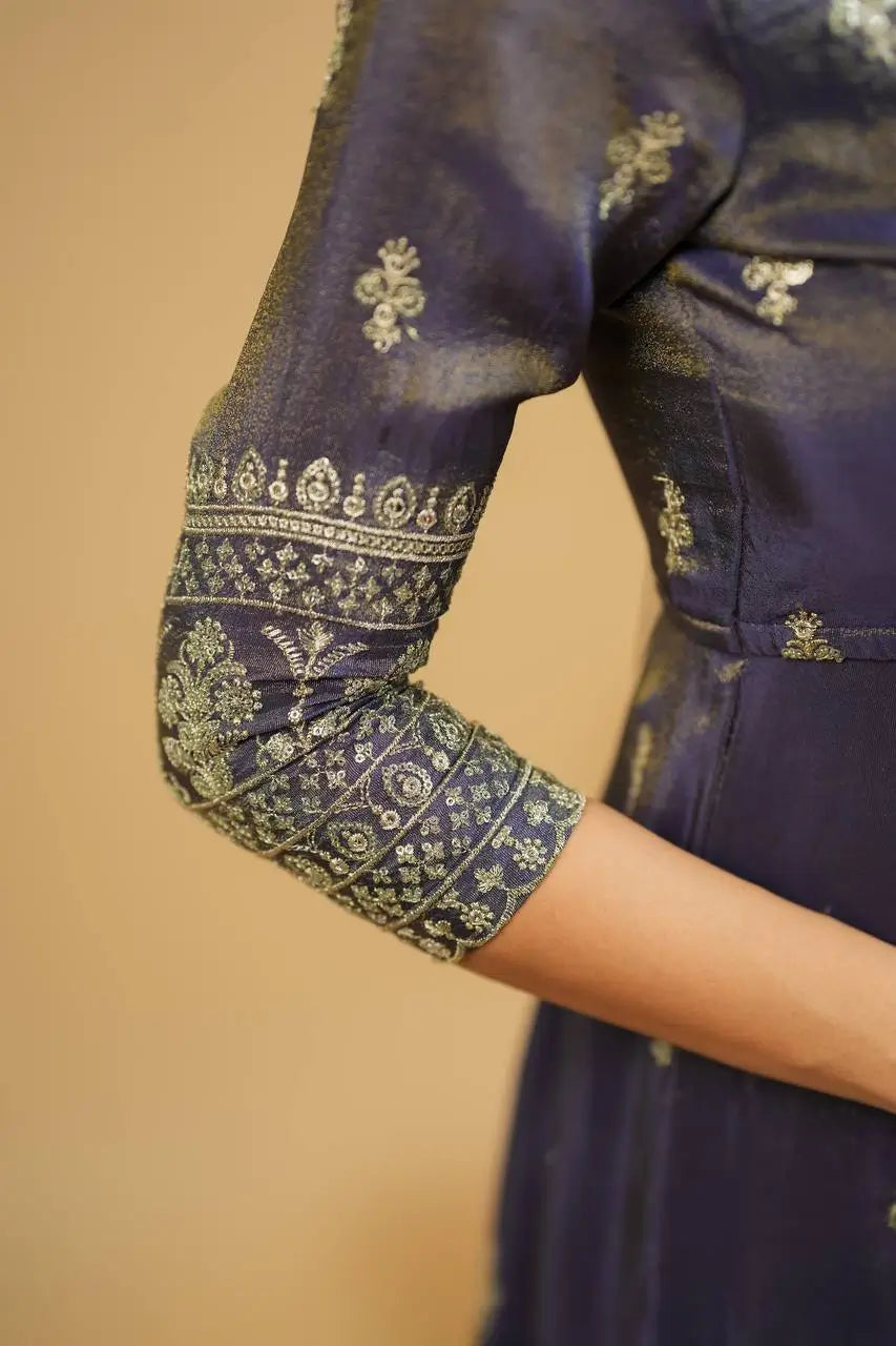 Navy Blue Cosmo Embroidered Anarkali Set with Dupatta and Lehenga