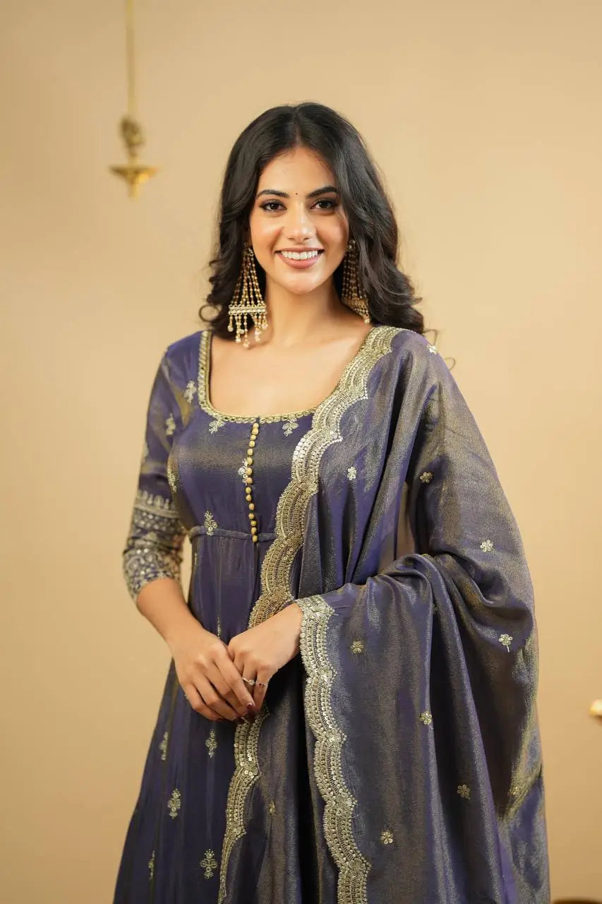 Navy Blue Cosmo Embroidered Anarkali Set with Dupatta and Lehenga