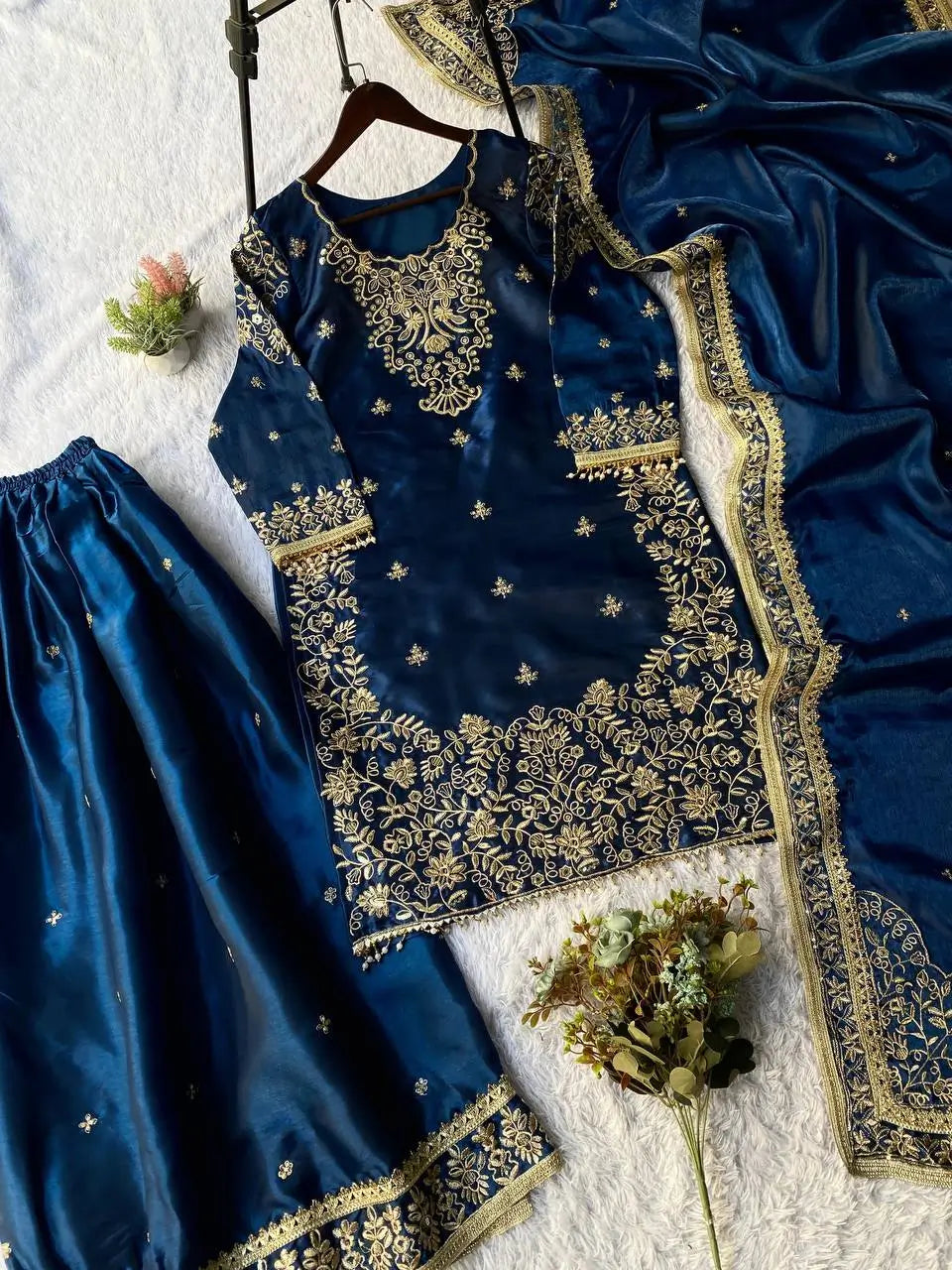 Navy Blue GMY Silk Heavy Embroidered Palazzo Set