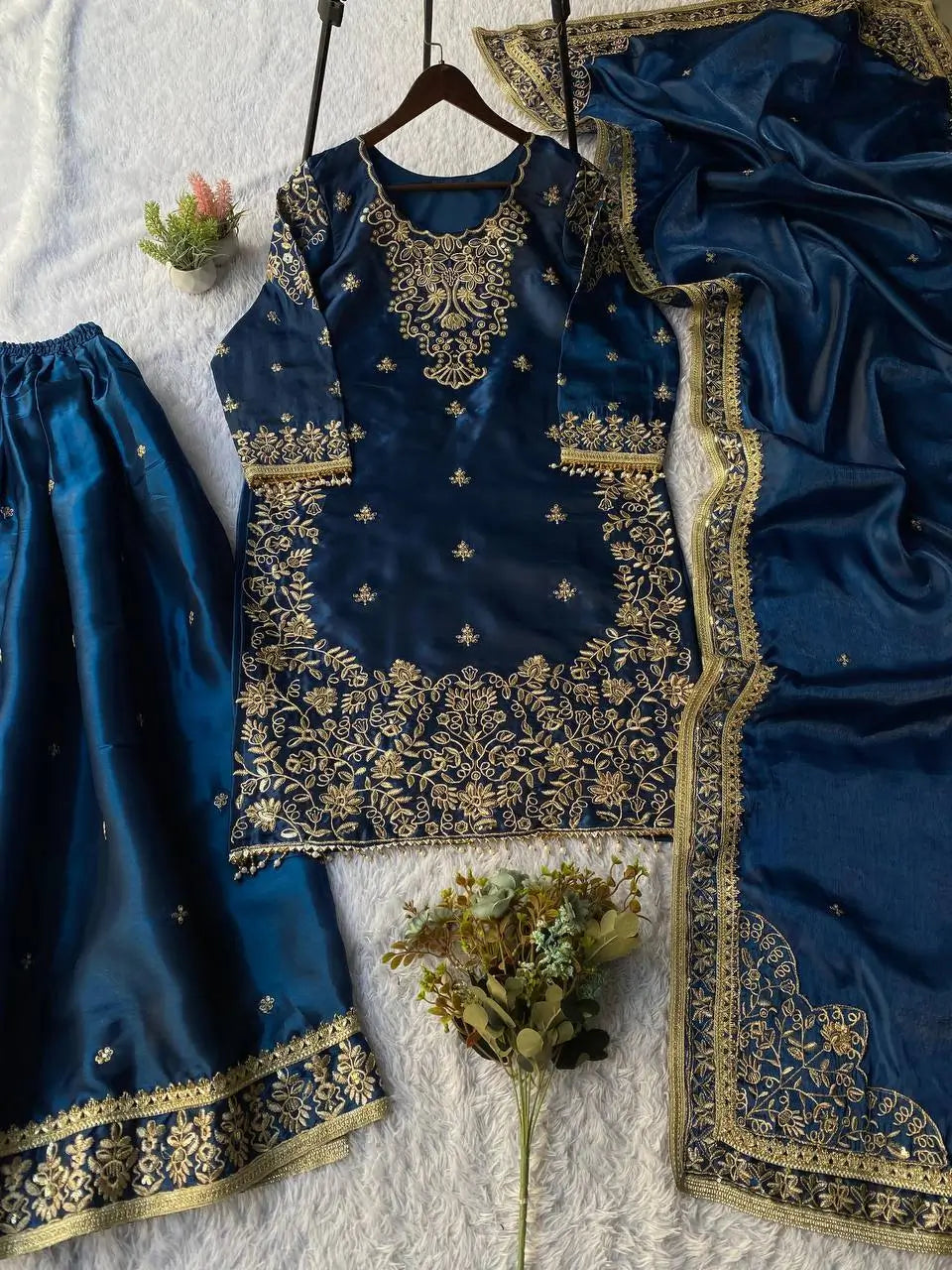 Navy Blue GMY Silk Heavy Embroidered Palazzo Set
