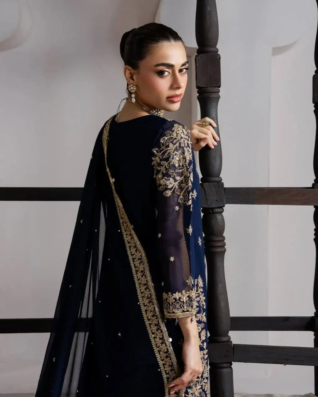 Navy Blue GMY Silk Heavy Embroidered Palazzo Set