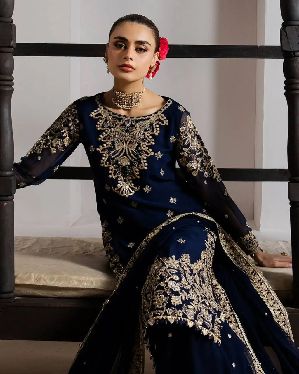 Navy Blue GMY Silk Heavy Embroidered Palazzo Set