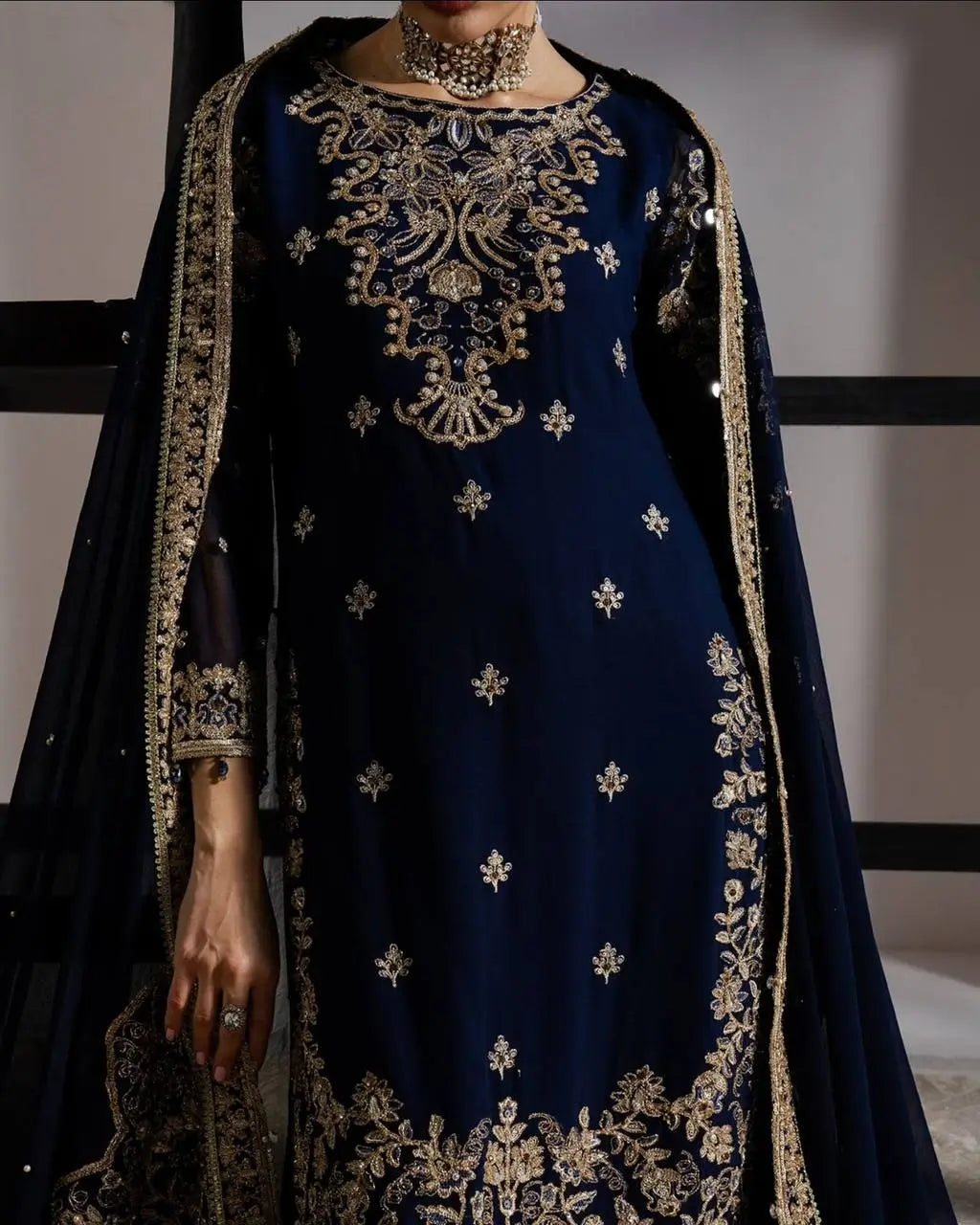 Navy Blue GMY Silk Heavy Embroidered Palazzo Set