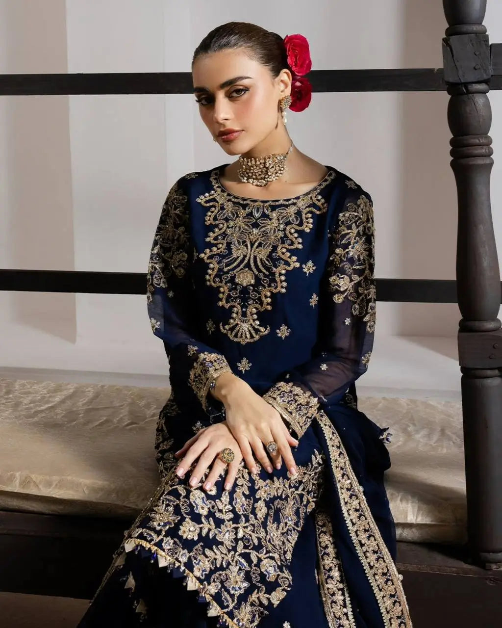 Navy Blue GMY Silk Heavy Embroidered Palazzo Set