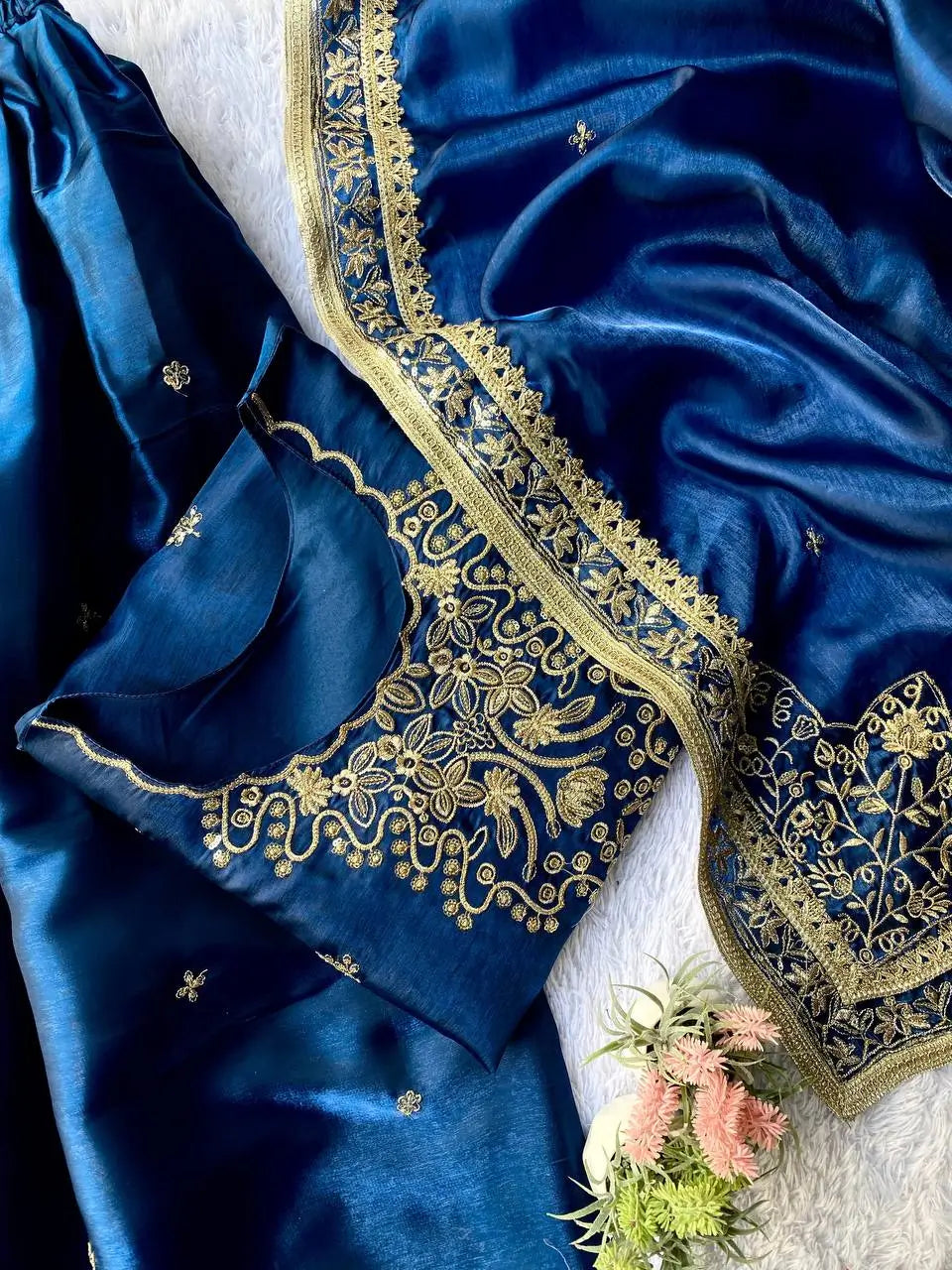 Navy Blue GMY Silk Heavy Embroidered Palazzo Set