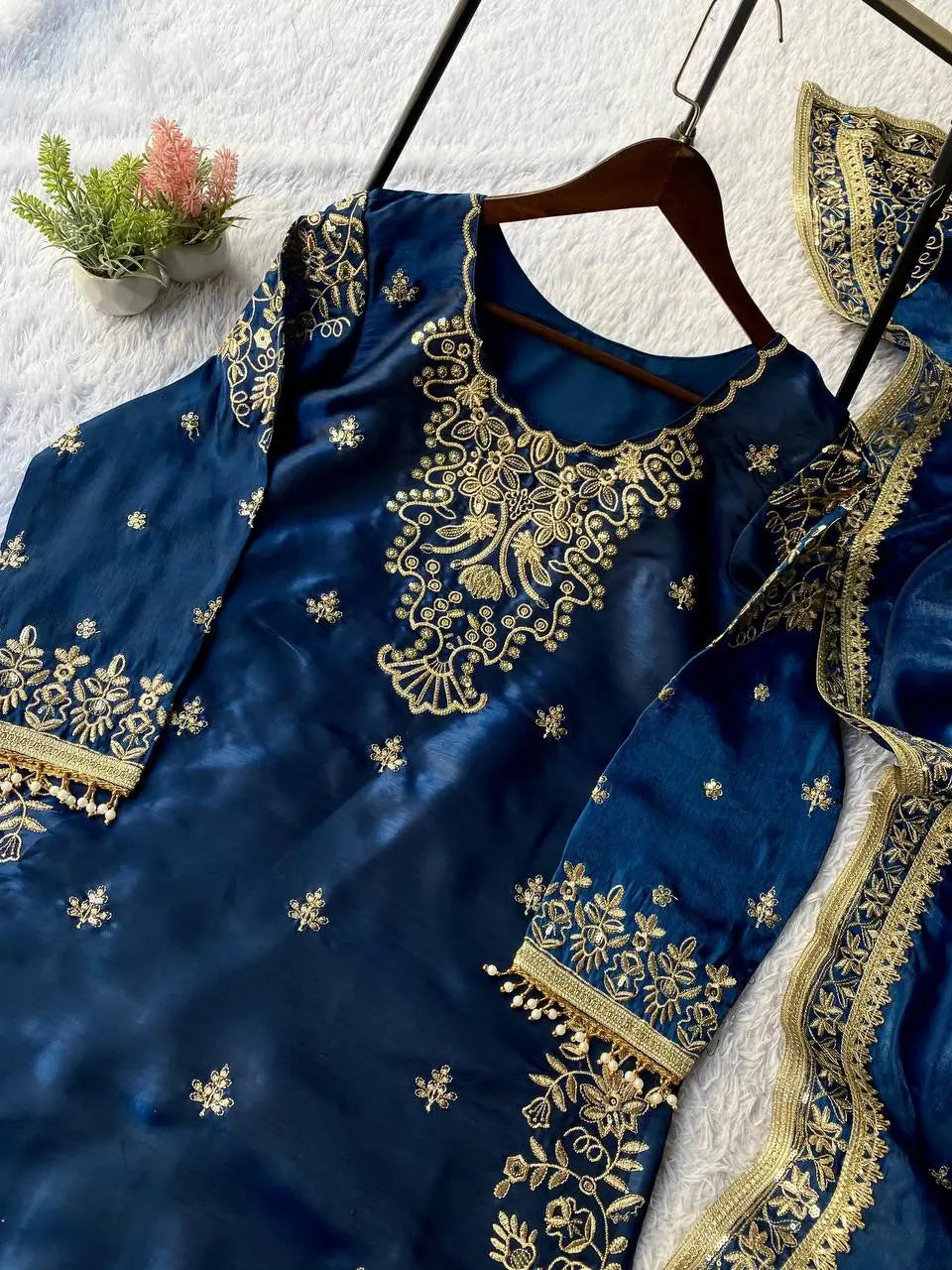 Navy Blue GMY Silk Heavy Embroidered Palazzo Set
