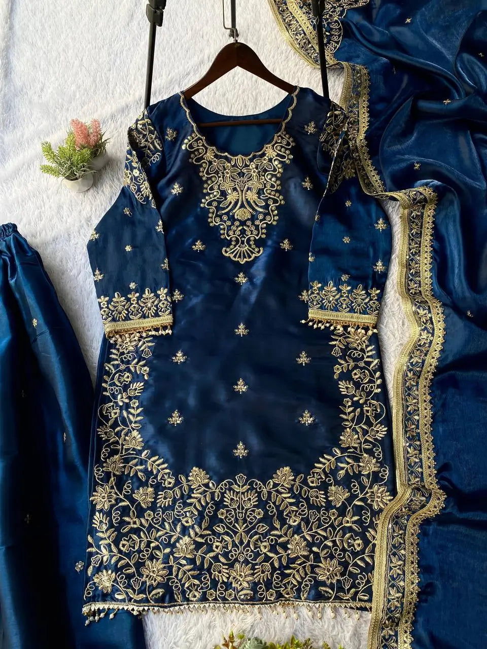 Navy Blue GMY Silk Heavy Embroidered Palazzo Set