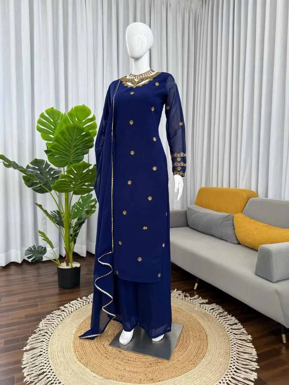 Navy Blue Georgette Kurta with Plazo and Dupatta