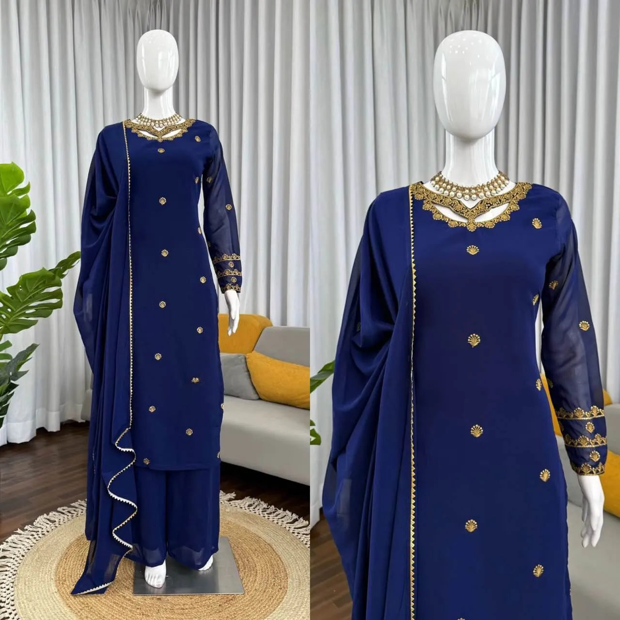 Navy Blue Georgette Kurta with Plazo and Dupatta