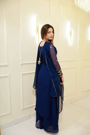 Navy Blue Georgette Kurta with Plazo and Dupatta