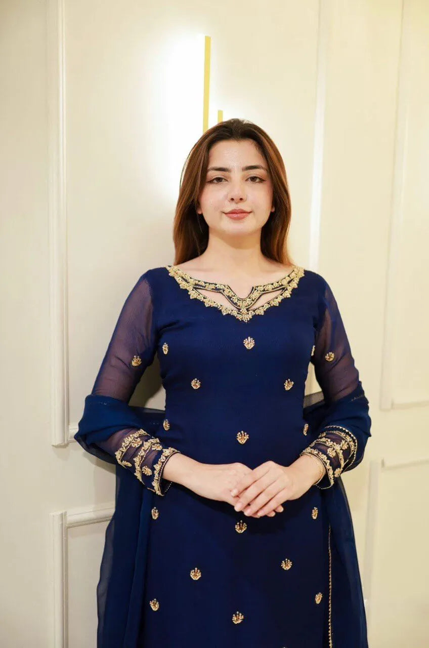 Navy Blue Georgette Kurta with Plazo and Dupatta