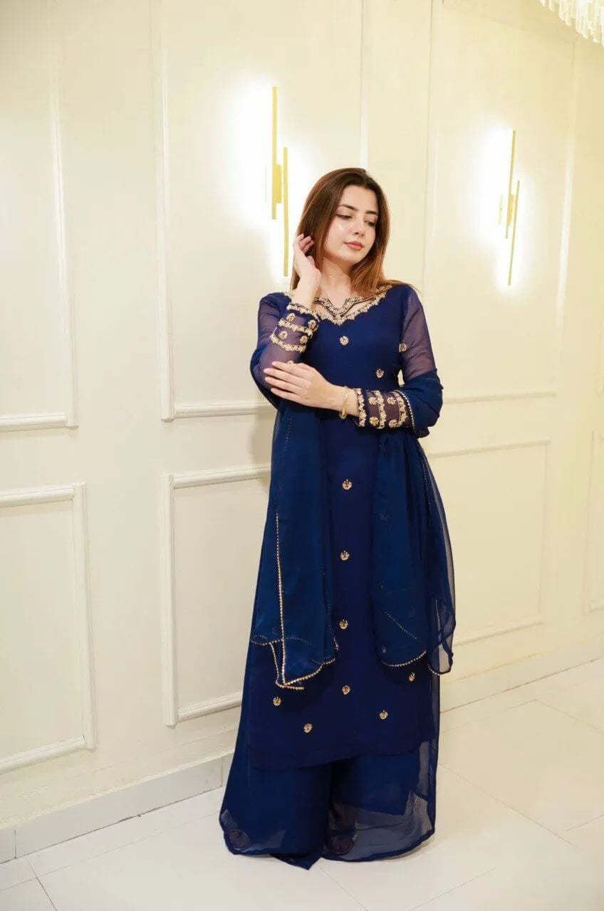Navy Blue Georgette Kurta with Plazo and Dupatta