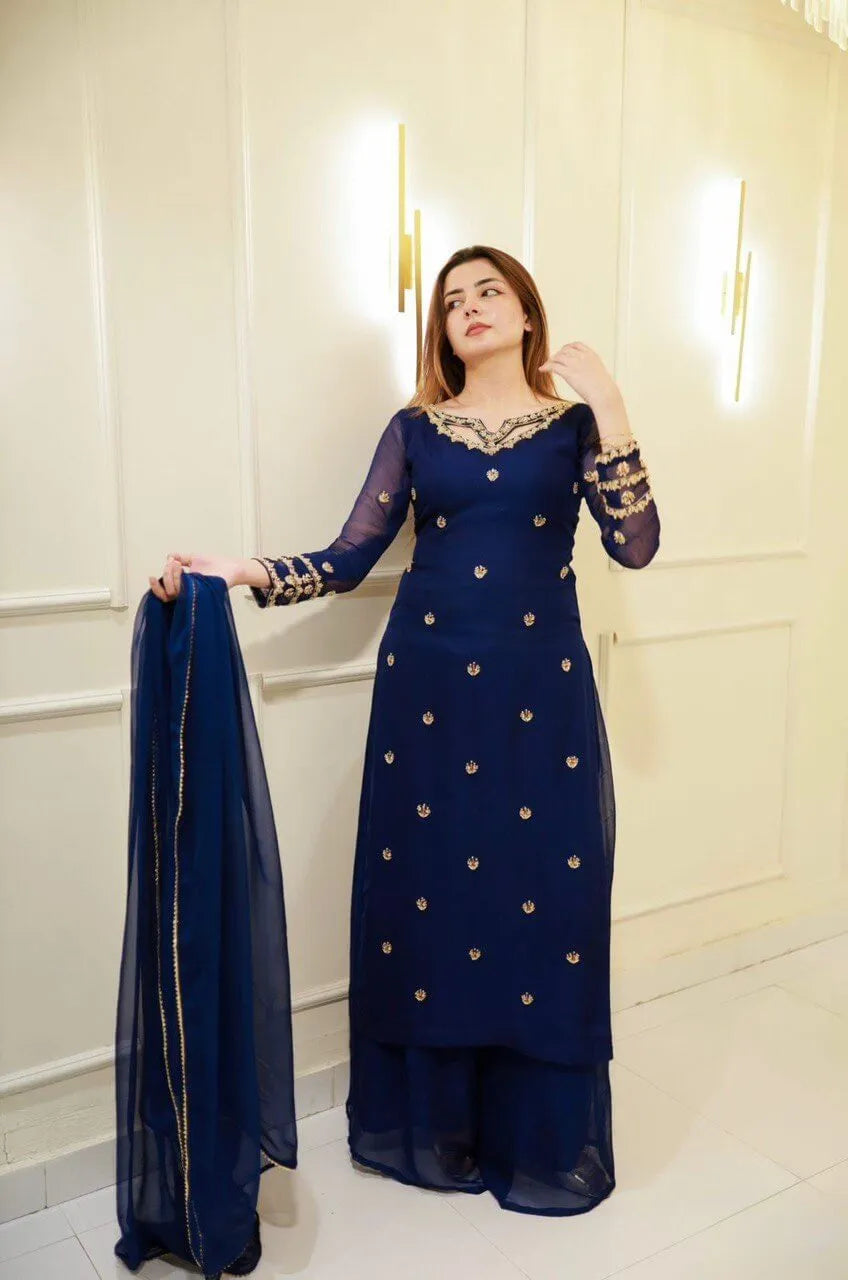 Navy Blue Georgette Kurta with Plazo and Dupatta