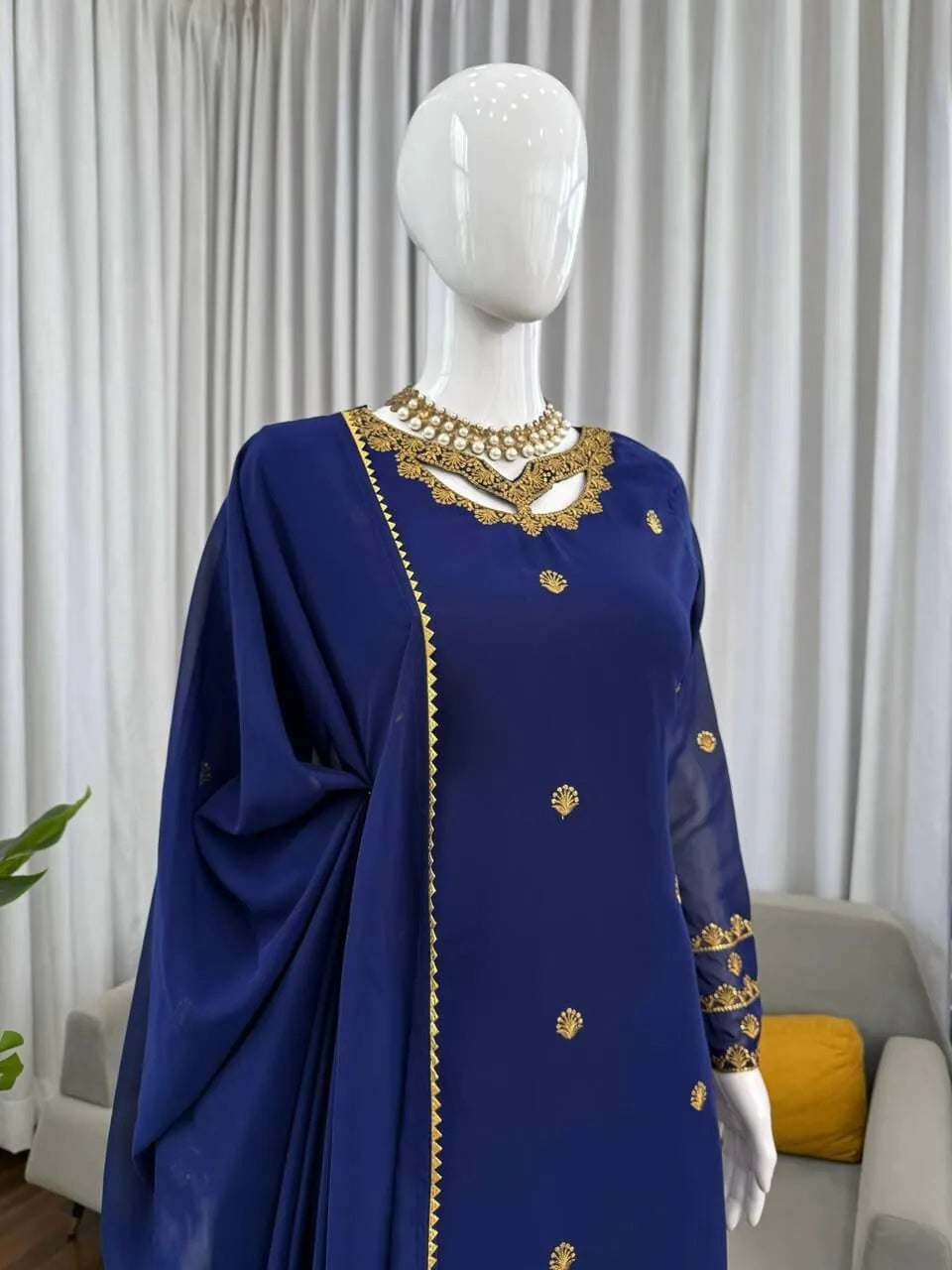 Navy Blue Georgette Kurta with Plazo and Dupatta