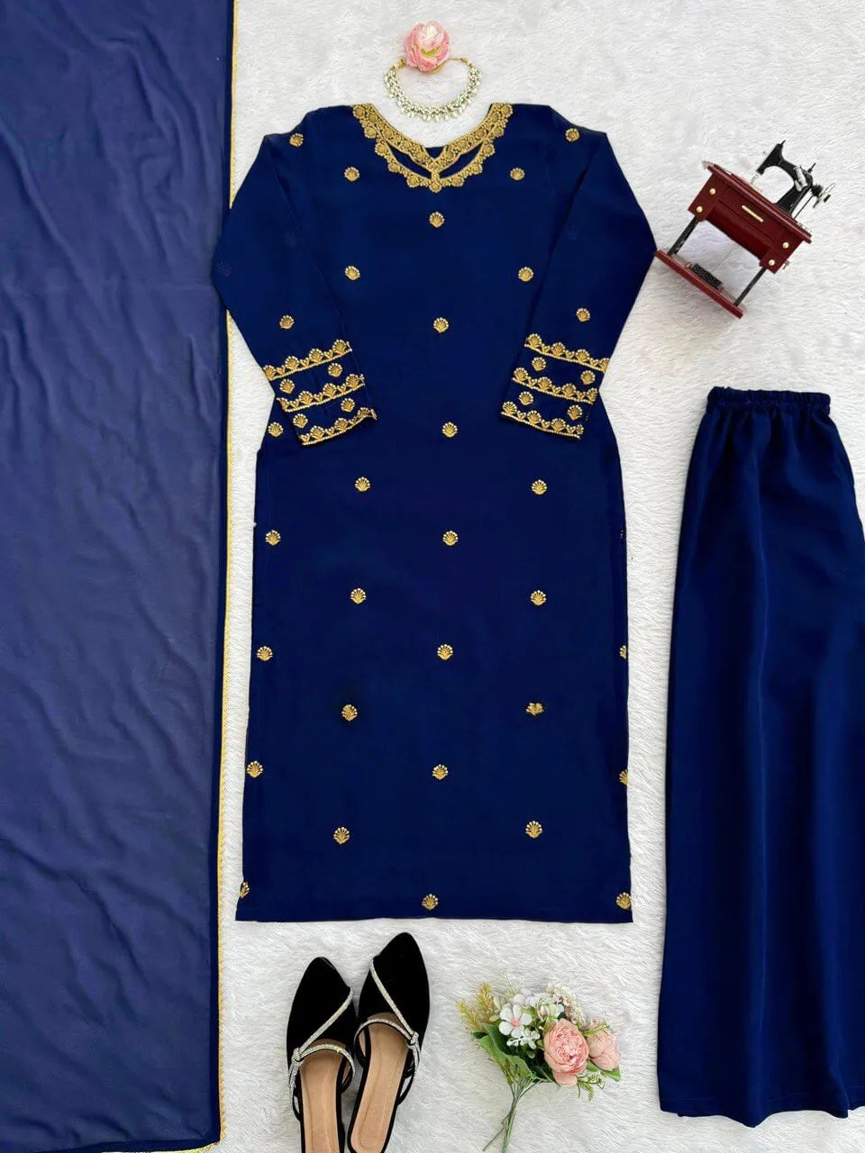 Navy Blue Georgette Kurta with Plazo and Dupatta