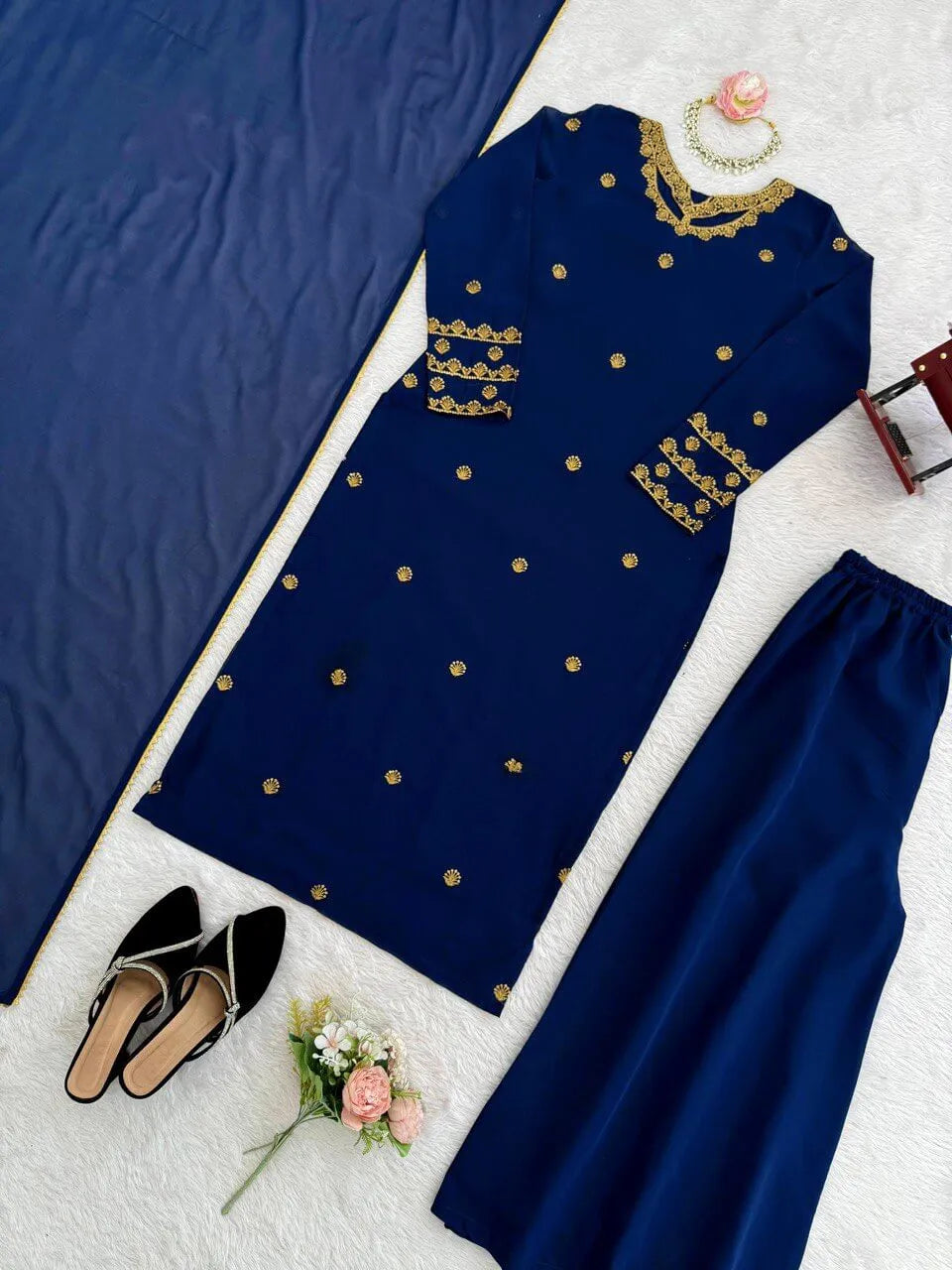 Navy Blue Georgette Kurta with Plazo and Dupatta