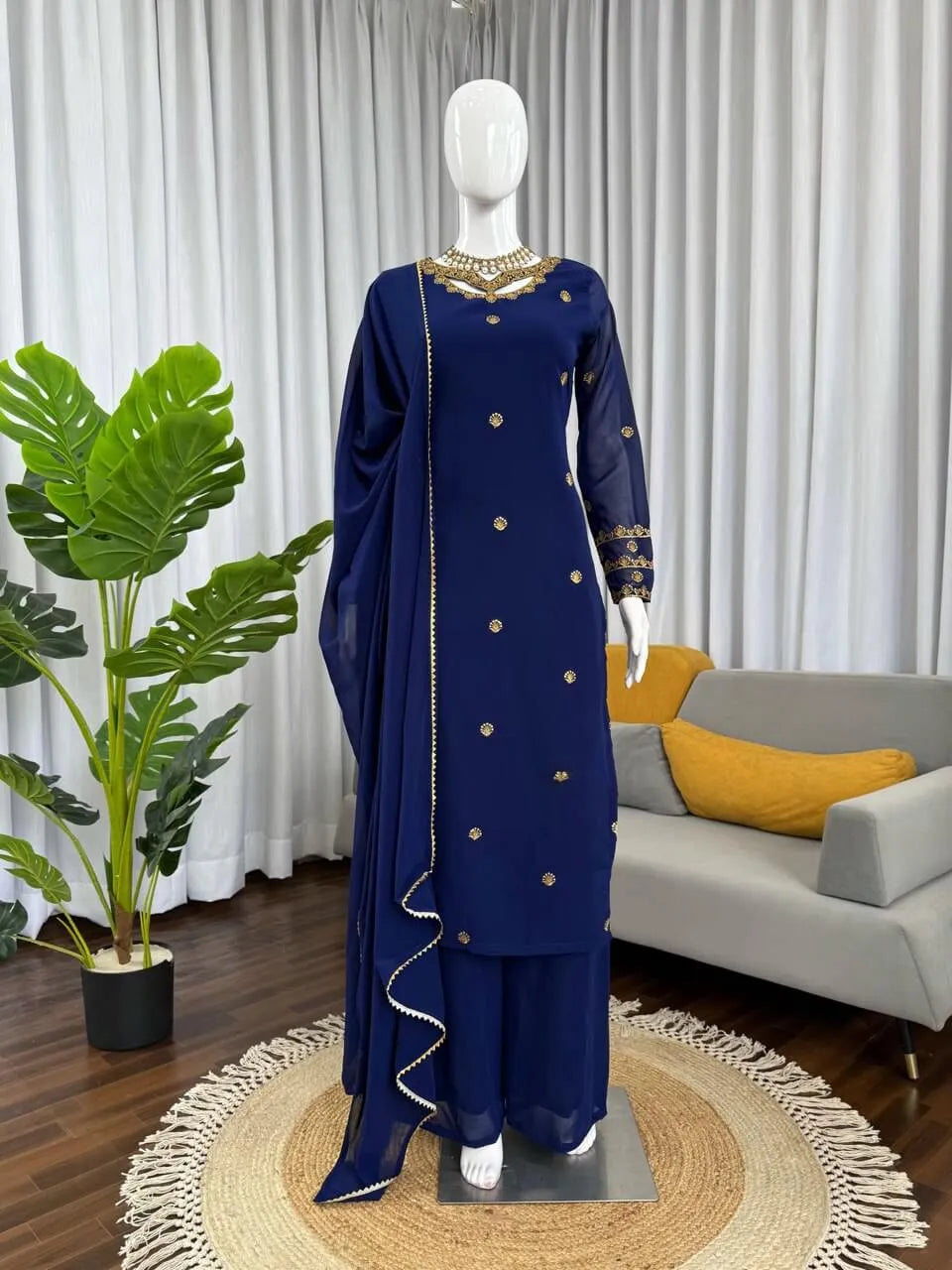 Navy Blue Georgette Kurta with Plazo and Dupatta