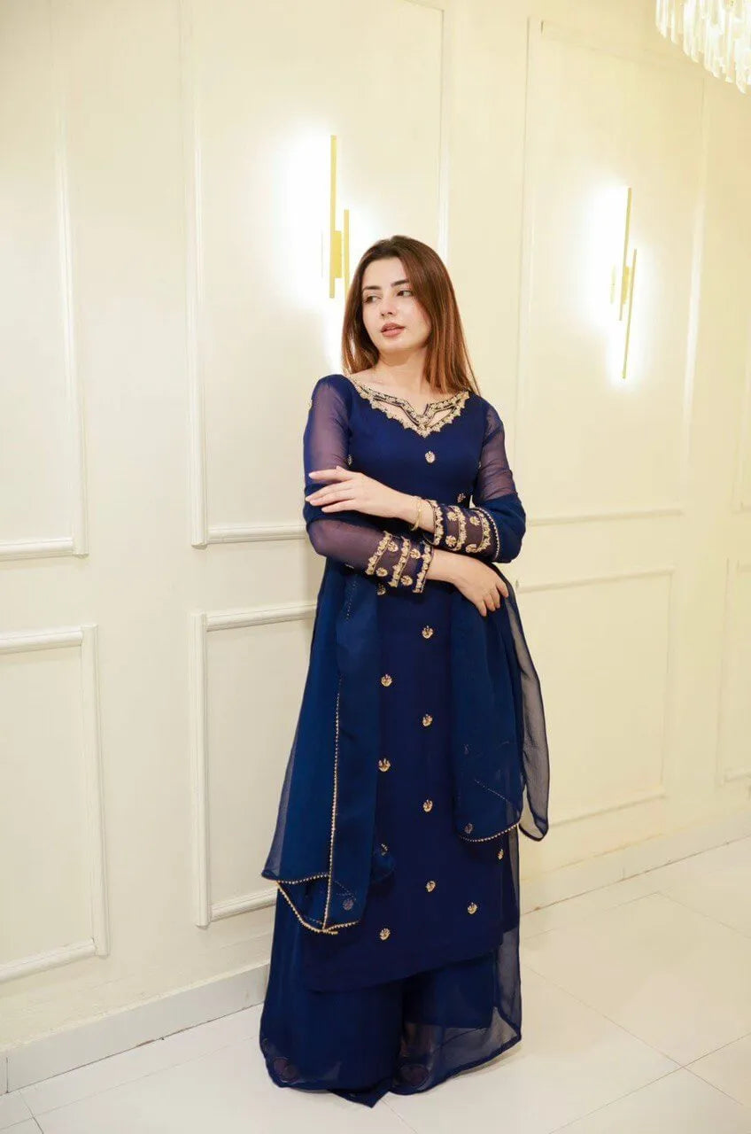 Navy Blue Georgette Kurta with Plazo and Dupatta