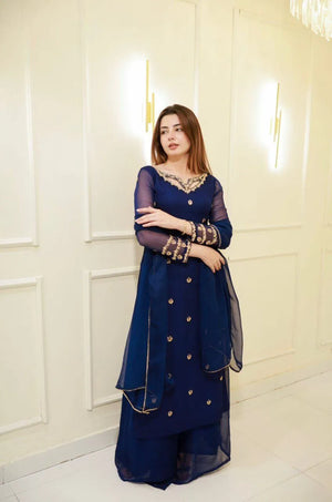 Navy Blue Georgette Kurta with Plazo and Dupatta
