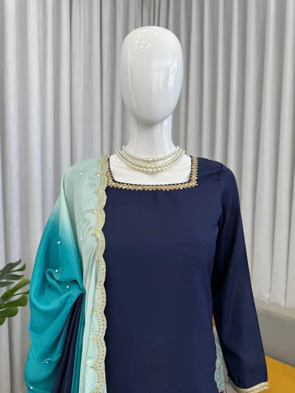 Navy Blue Natural Crepe Farshi Salwar Set with Thread Sequence Work and Chinon Silk Dupatta