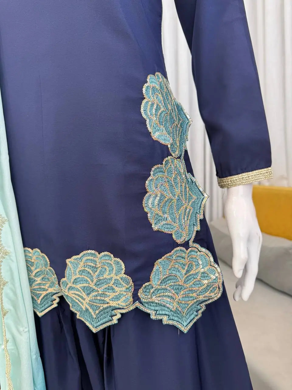 Navy Blue Natural Crepe Farshi Salwar Set with Thread Sequence Work and Chinon Silk Dupatta