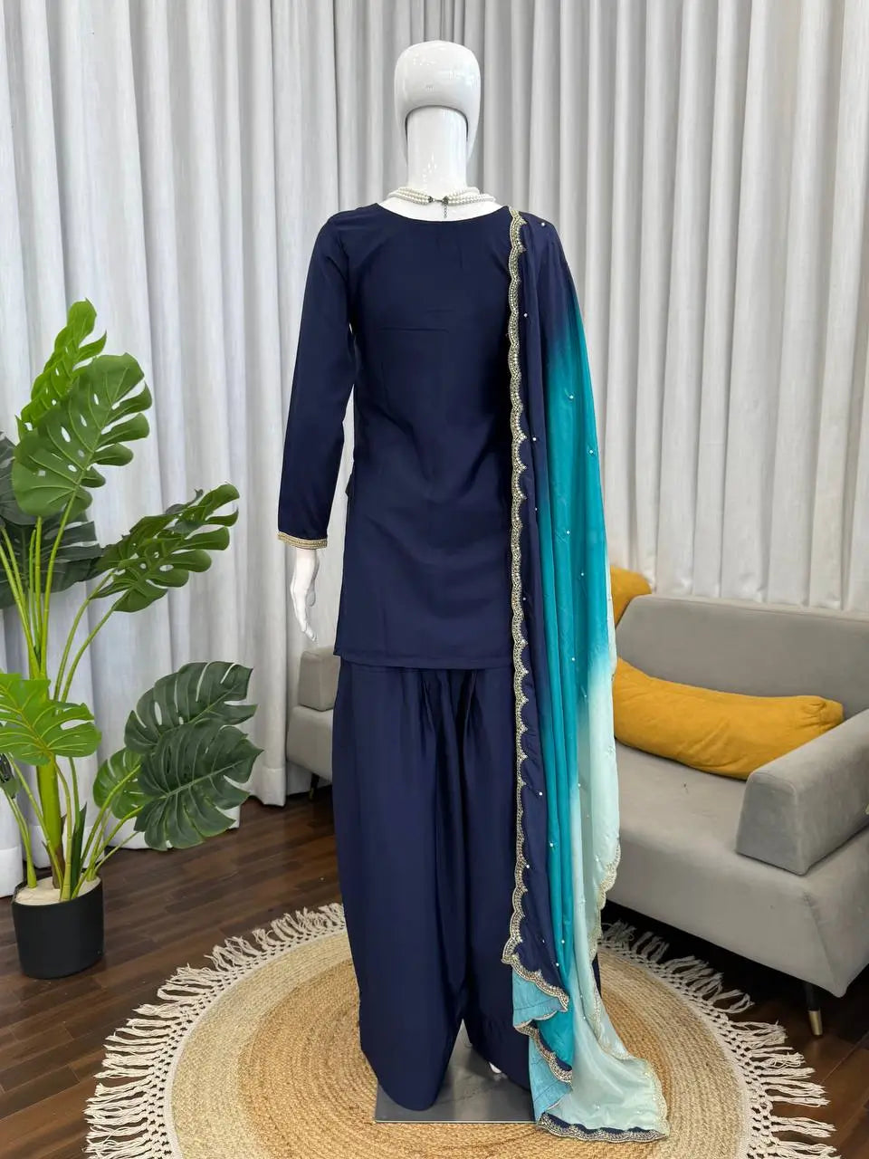 Navy Blue Natural Crepe Farshi Salwar Set with Thread Sequence Work and Chinon Silk Dupatta