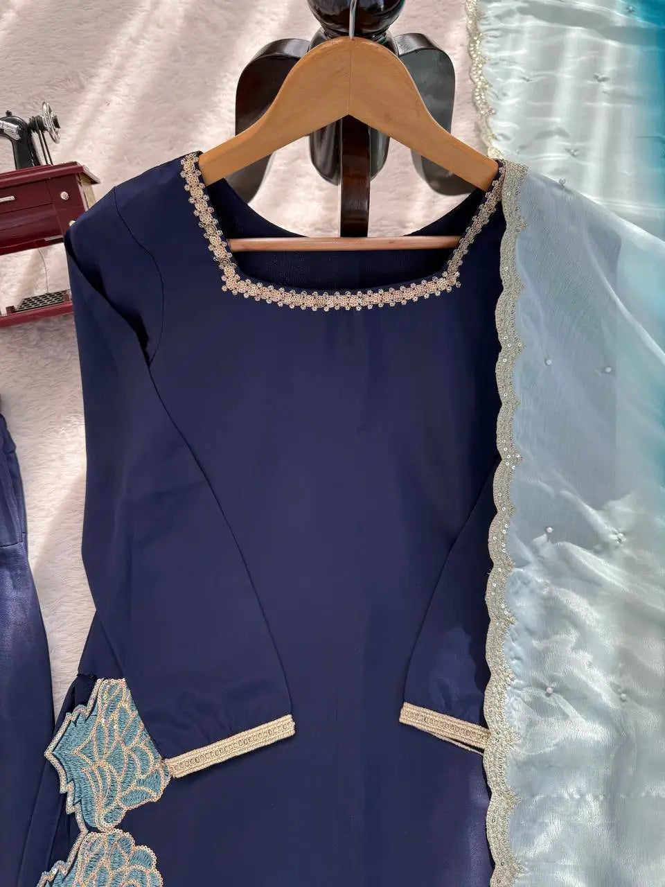 Navy Blue Natural Crepe Farshi Salwar Set with Thread Sequence Work and Chinon Silk Dupatta