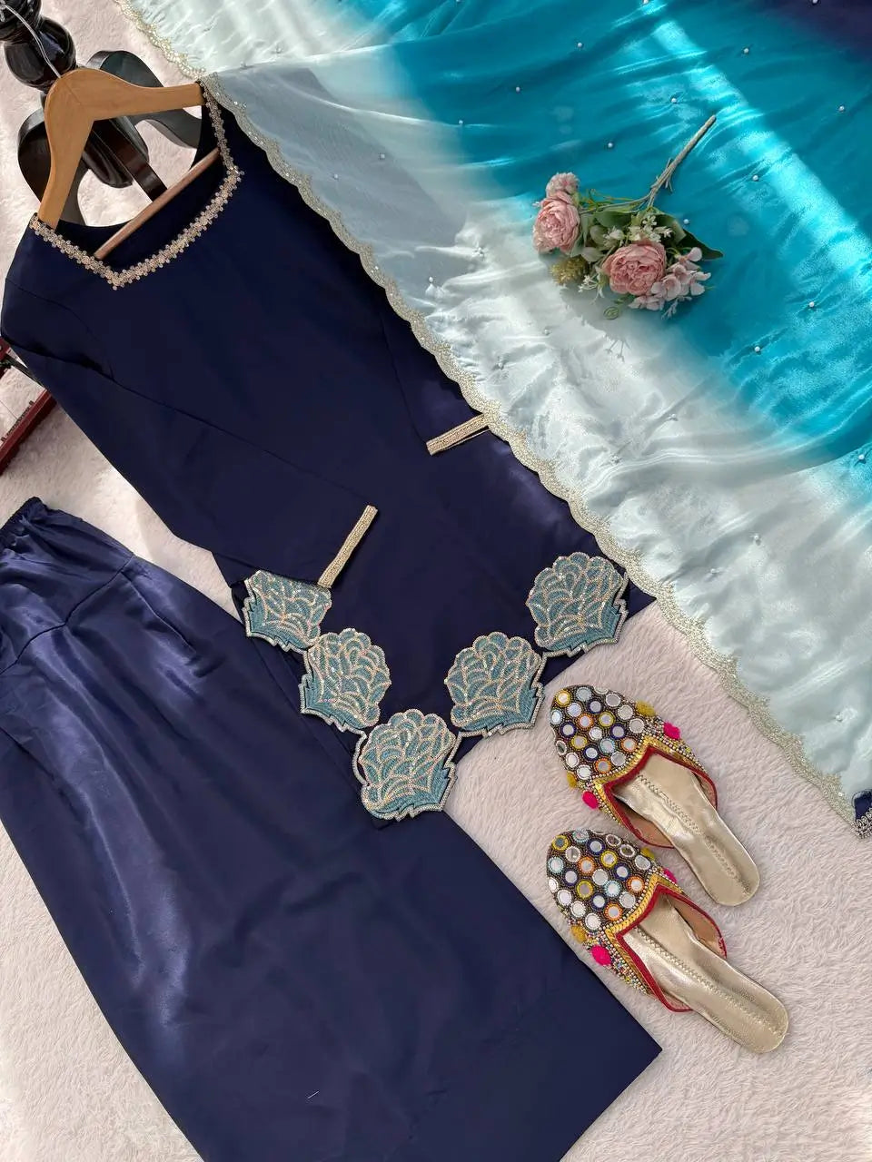 Navy Blue Natural Crepe Farshi Salwar Set with Thread Sequence Work and Chinon Silk Dupatta