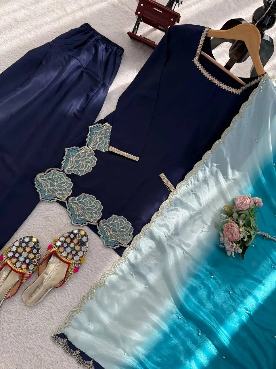 Navy Blue Natural Crepe Farshi Salwar Set with Thread Sequence Work and Chinon Silk Dupatta