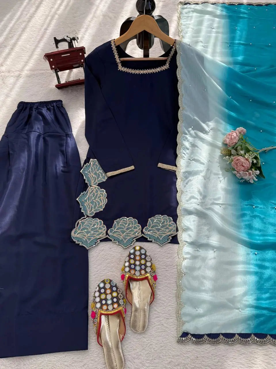 Navy Blue Natural Crepe Farshi Salwar Set with Thread Sequence Work and Chinon Silk Dupatta