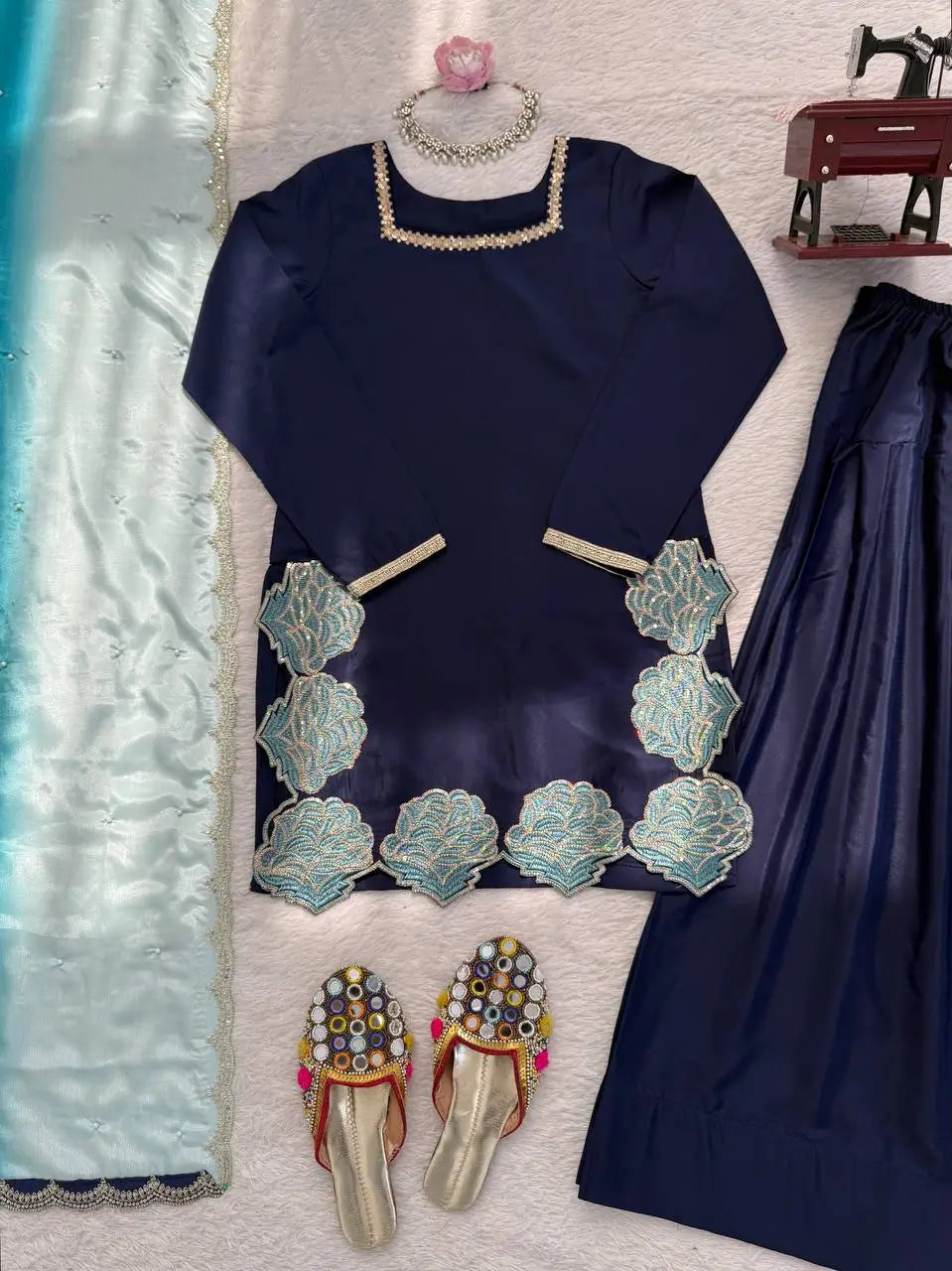 Navy Blue Natural Crepe Farshi Salwar Set with Thread Sequence Work and Chinon Silk Dupatta