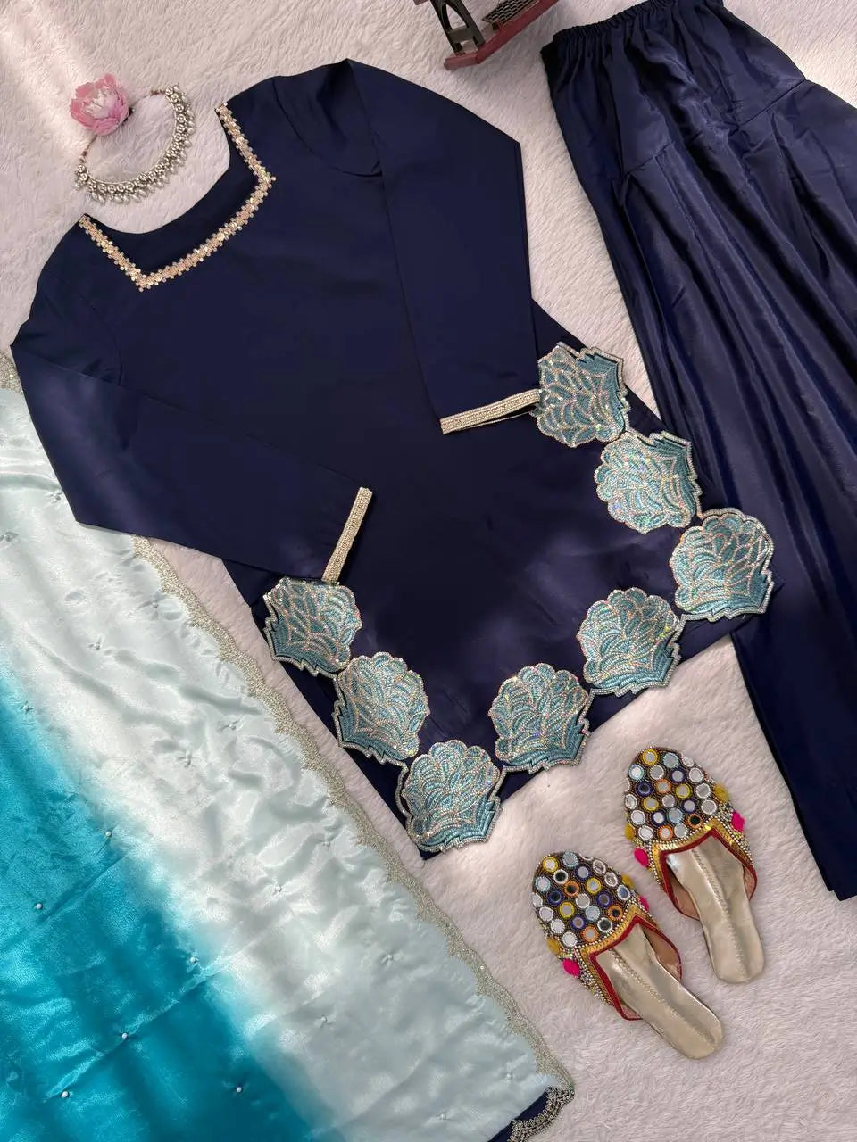 Navy Blue Natural Crepe Farshi Salwar Set with Thread Sequence Work and Chinon Silk Dupatta