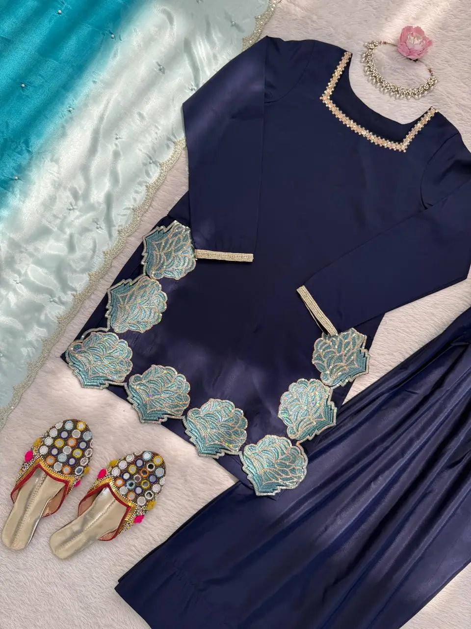 Navy Blue Natural Crepe Farshi Salwar Set with Thread Sequence Work and Chinon Silk Dupatta