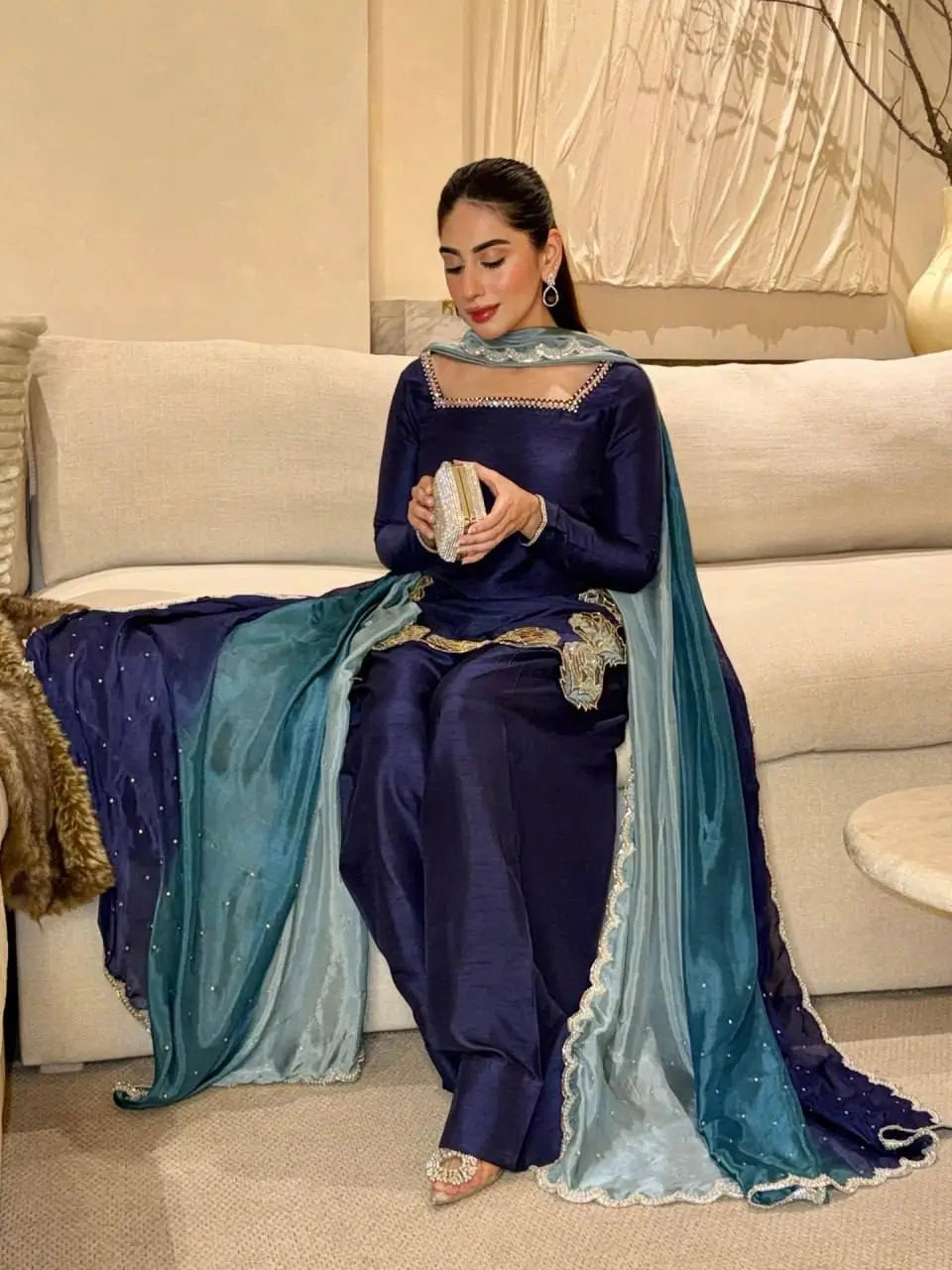 Navy Blue Natural Crepe Farshi Salwar Set with Thread Sequence Work and Chinon Silk Dupatta