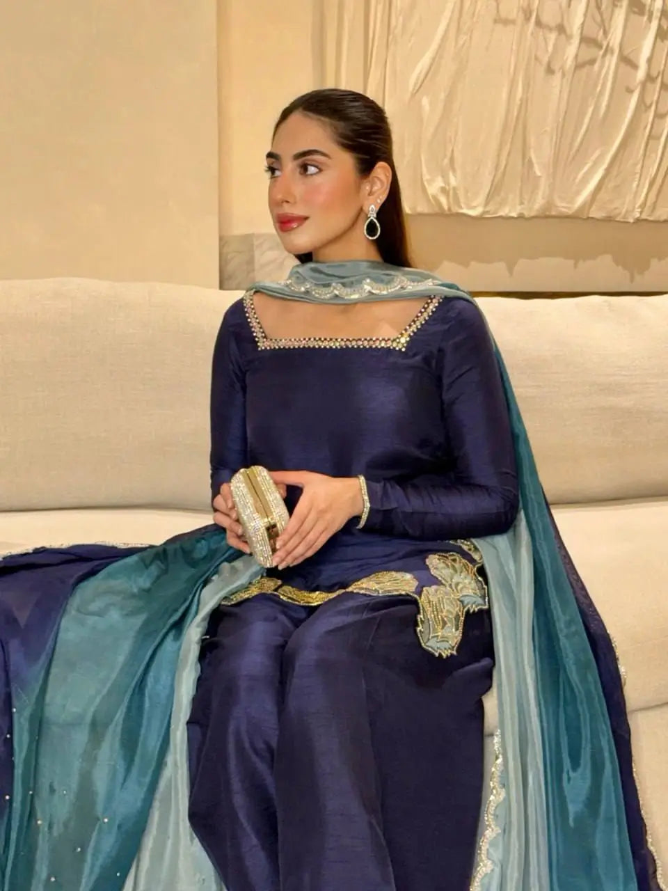 Navy Blue Natural Crepe Farshi Salwar Set with Thread Sequence Work and Chinon Silk Dupatta