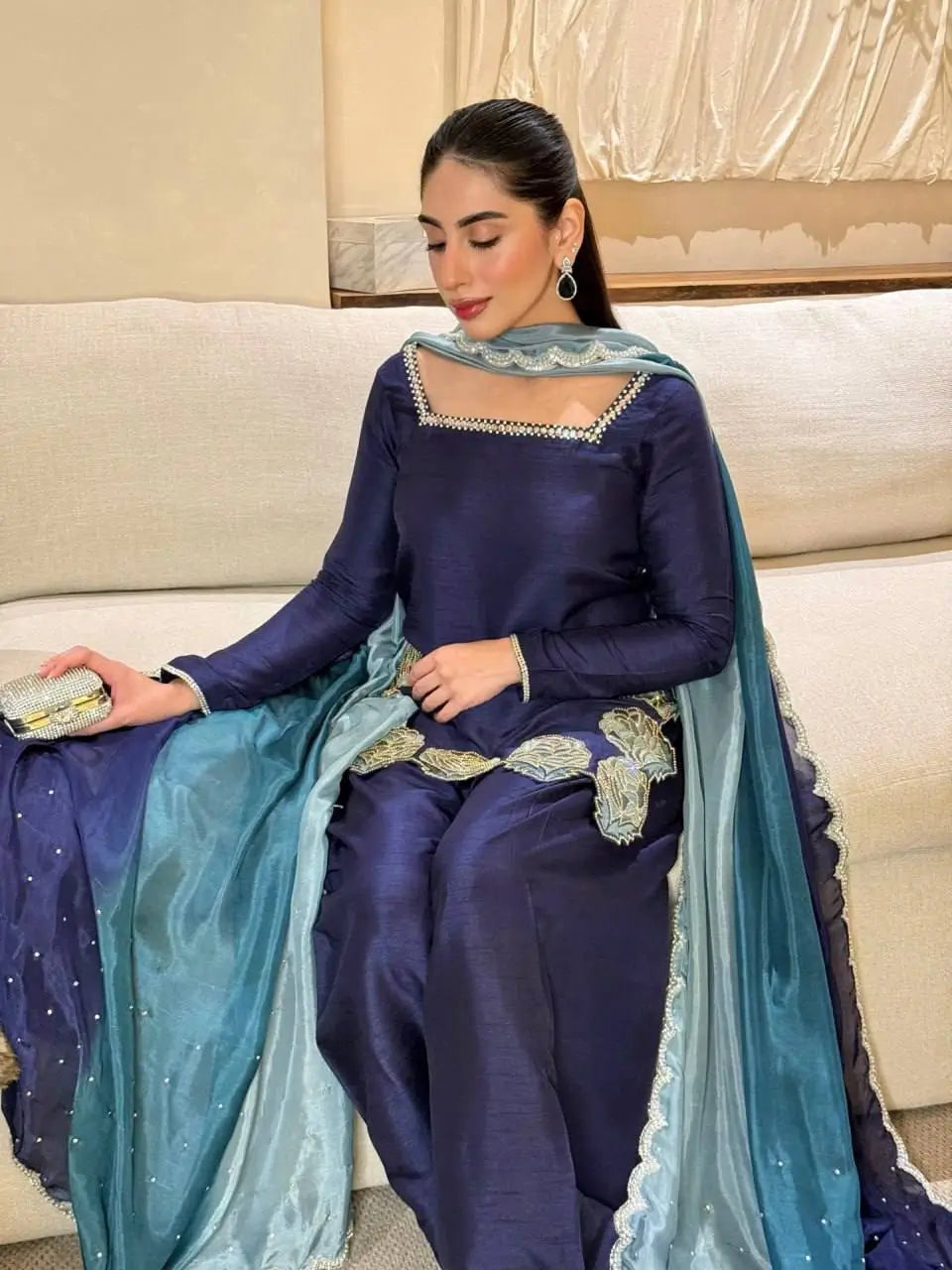 Navy Blue Natural Crepe Farshi Salwar Set with Thread Sequence Work and Chinon Silk Dupatta