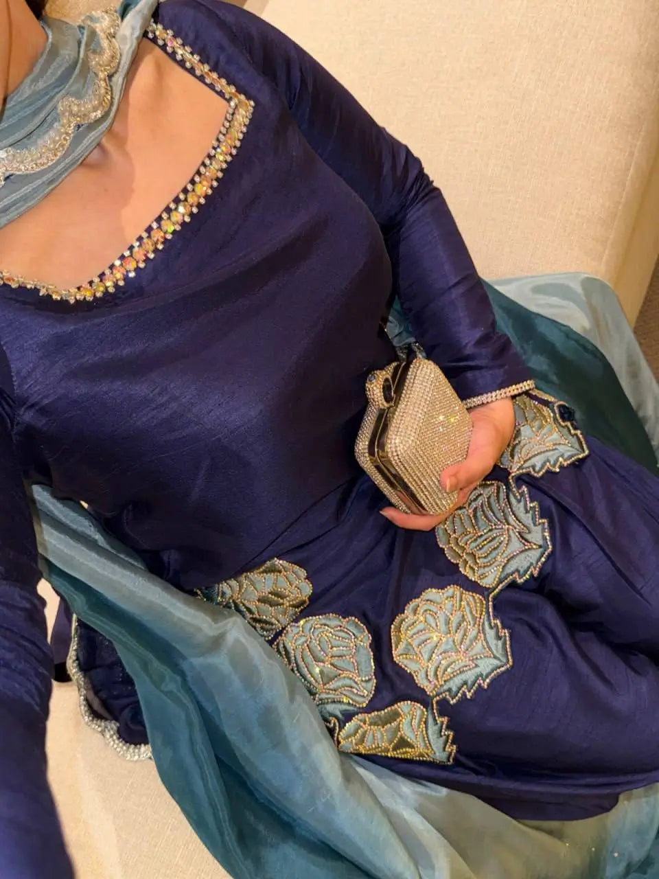 Navy Blue Natural Crepe Farshi Salwar Set with Thread Sequence Work and Chinon Silk Dupatta