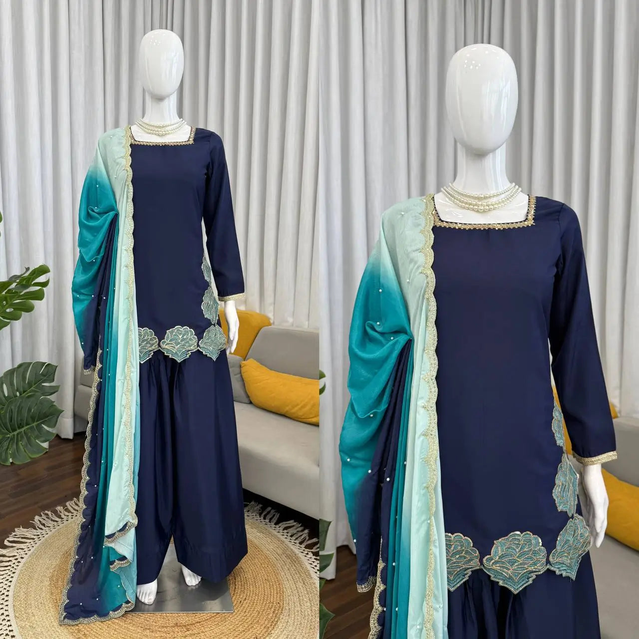 Navy Blue Natural Crepe Farshi Salwar Set with Thread Sequence Work and Chinon Silk Dupatta