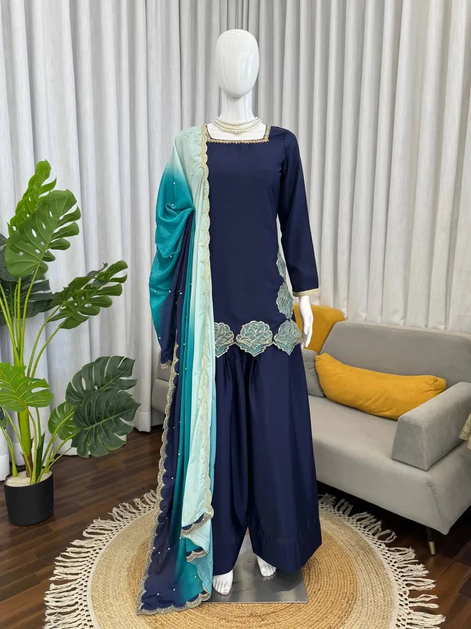 Navy Blue Natural Crepe Farshi Salwar Set with Thread Sequence Work and Chinon Silk Dupatta