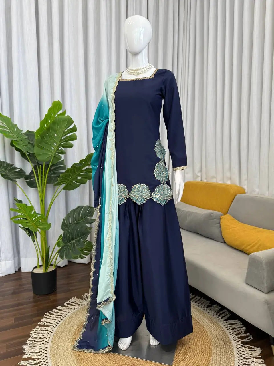Navy Blue Natural Crepe Farshi Salwar Set with Thread Sequence Work and Chinon Silk Dupatta
