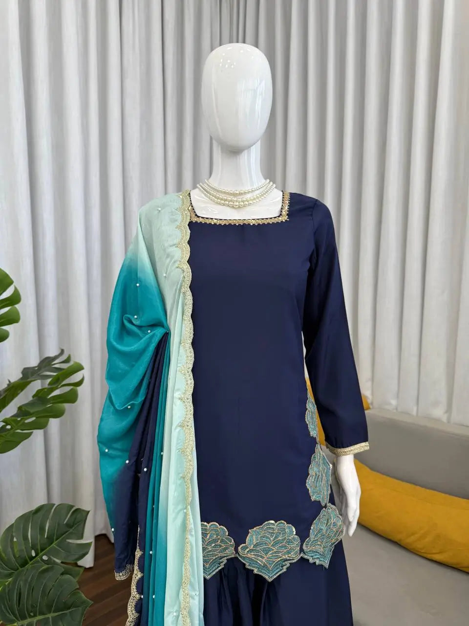 Navy Blue Natural Crepe Farshi Salwar Set with Thread Sequence Work and Chinon Silk Dupatta